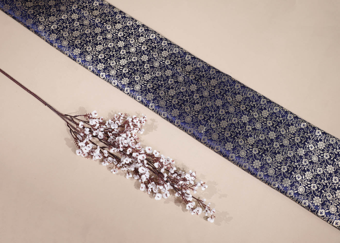 Navy Blue Banarasi Brocade Fabric With All Over Golden Zari Handloom 16977