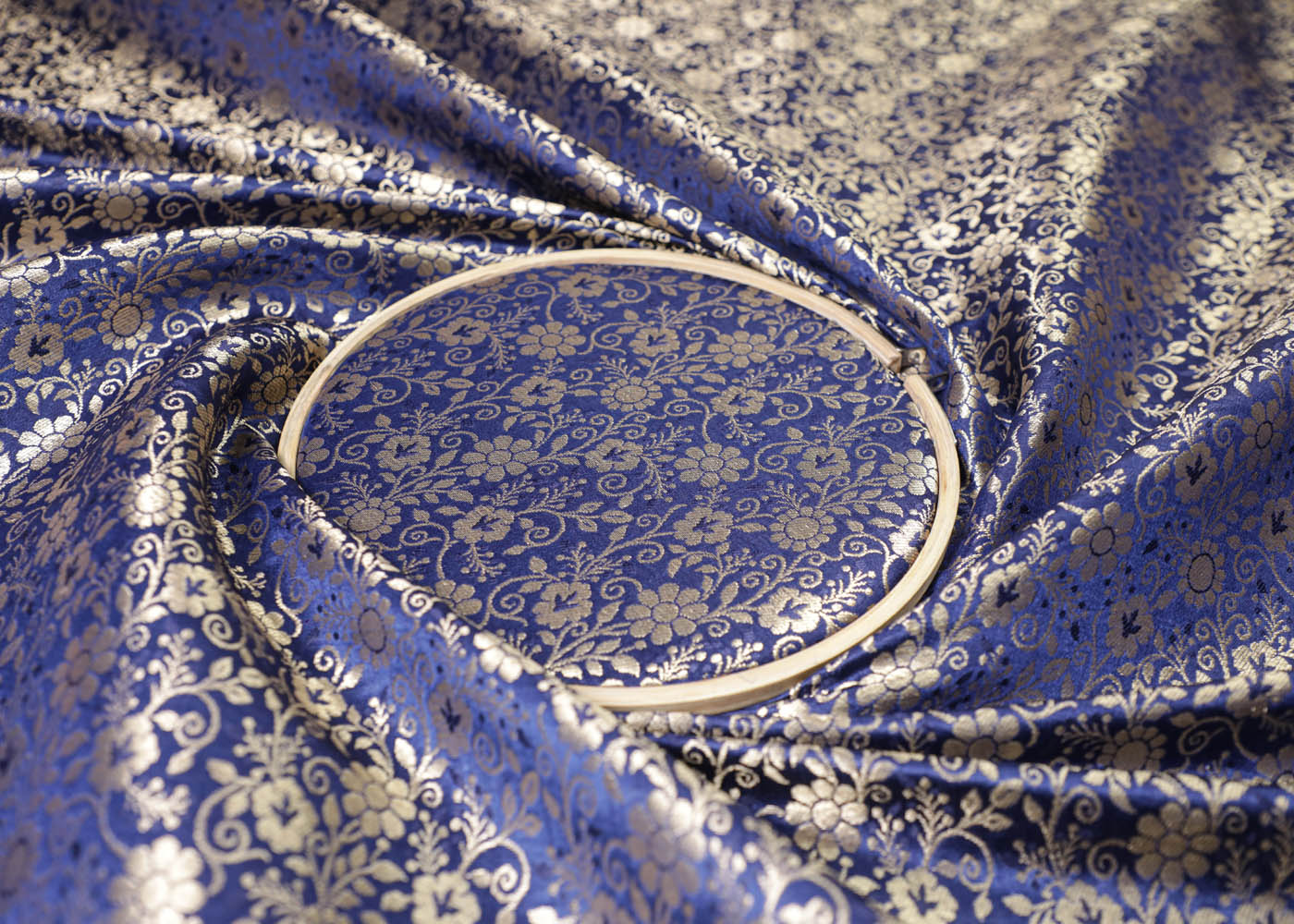 Navy Blue Banarasi Brocade Fabric With All Over Golden Zari Handloom 16977