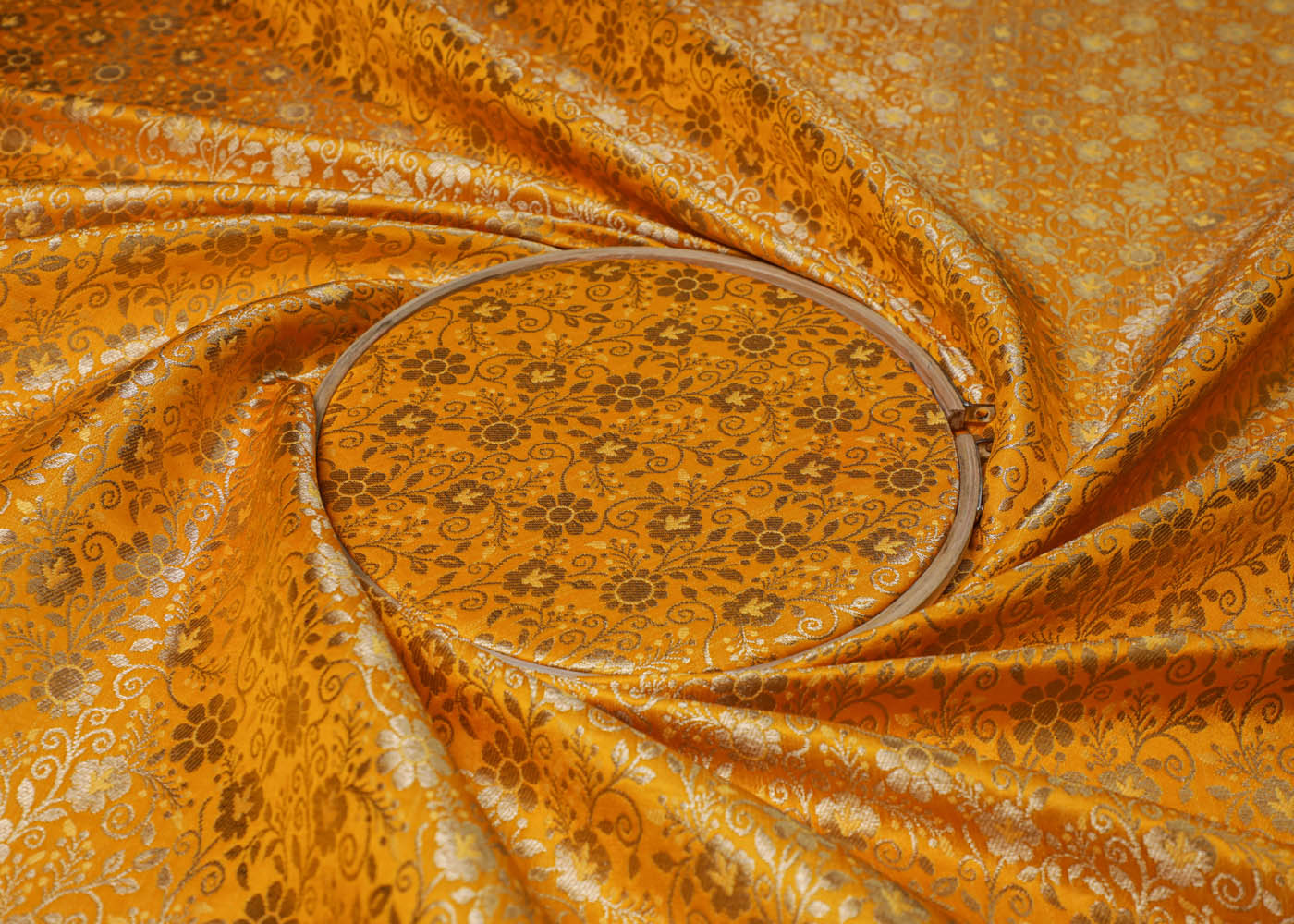 Mustard Banarasi Brocade Fabric With All Over Golden Zari Handloom 16978