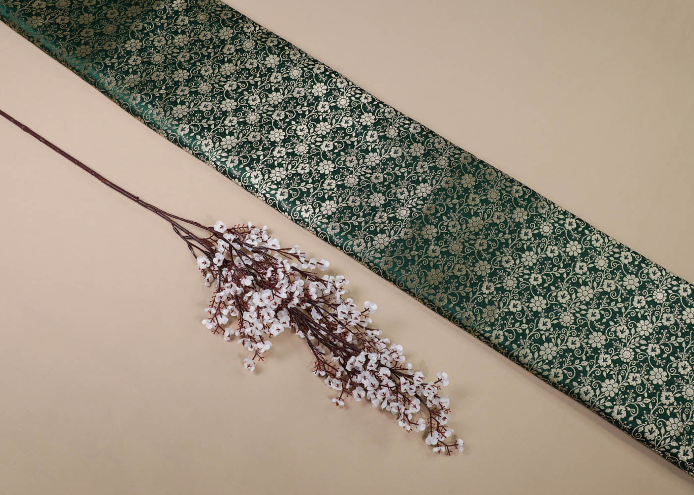 Bottle Green Banarasi Brocade Fabric With All Over Golden Zari Handloom 16979