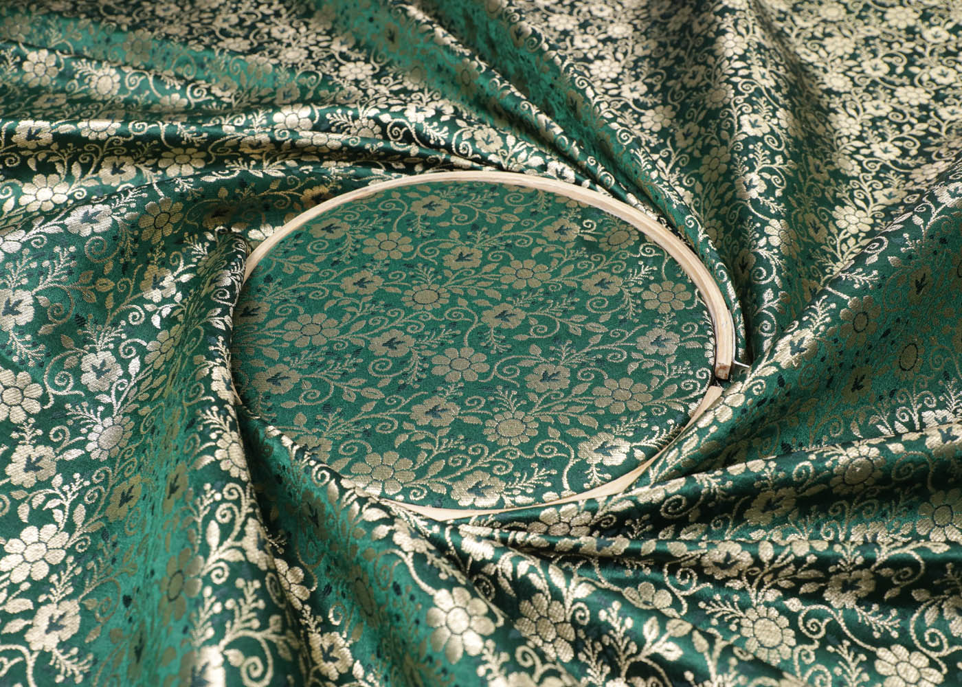 Bottle Green Banarasi Brocade Fabric With All Over Golden Zari Handloom 16979