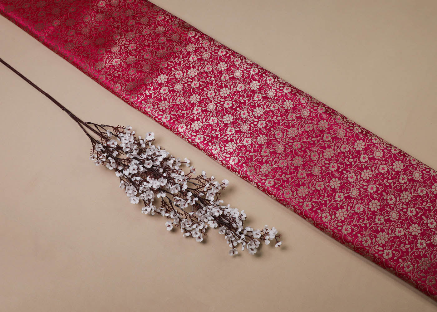 Rani Pink Banarasi Brocade Fabric With All Over Golden Zari Handloom 16980