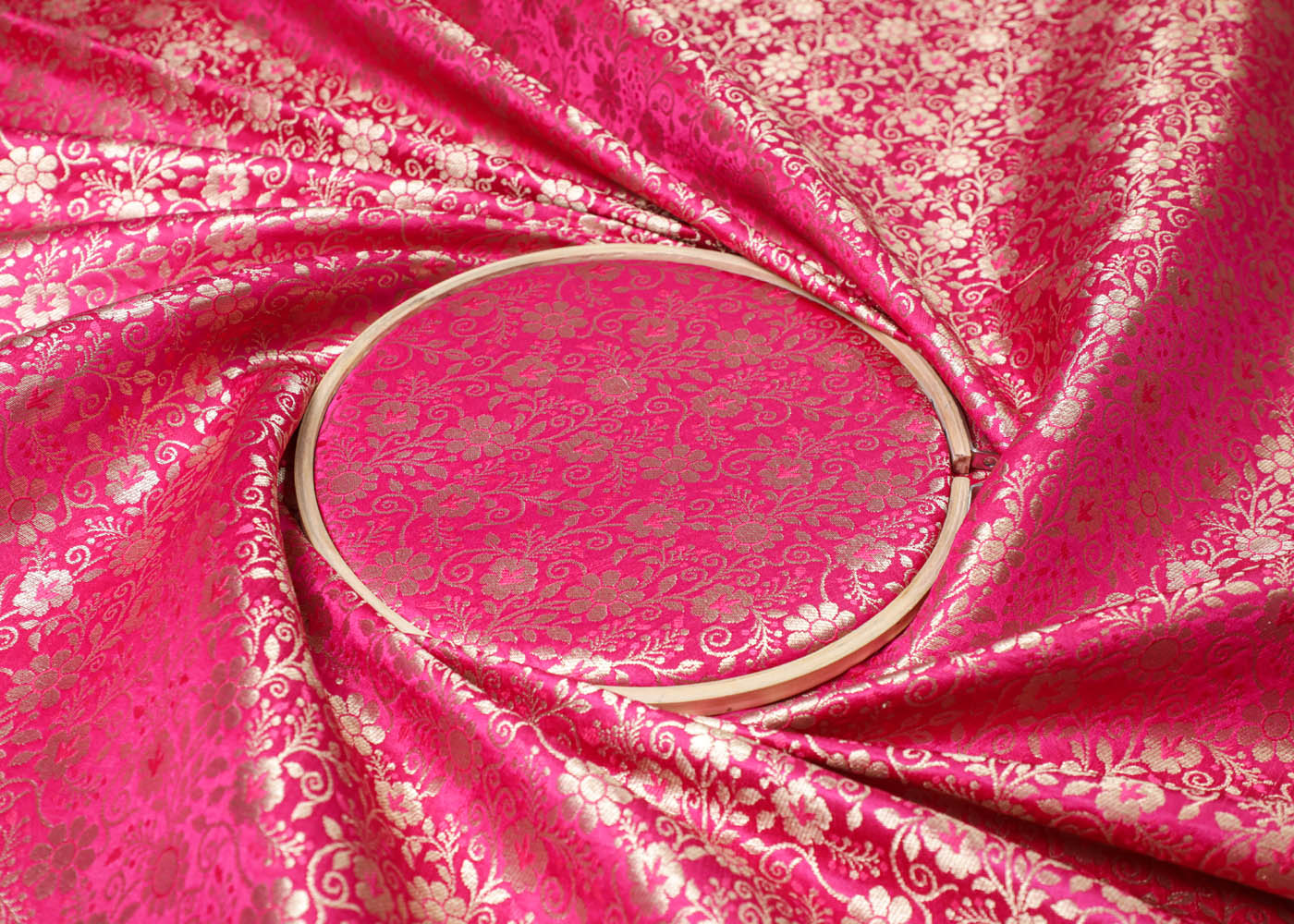 Rani Pink Banarasi Brocade Fabric With All Over Golden Zari Handloom 16980