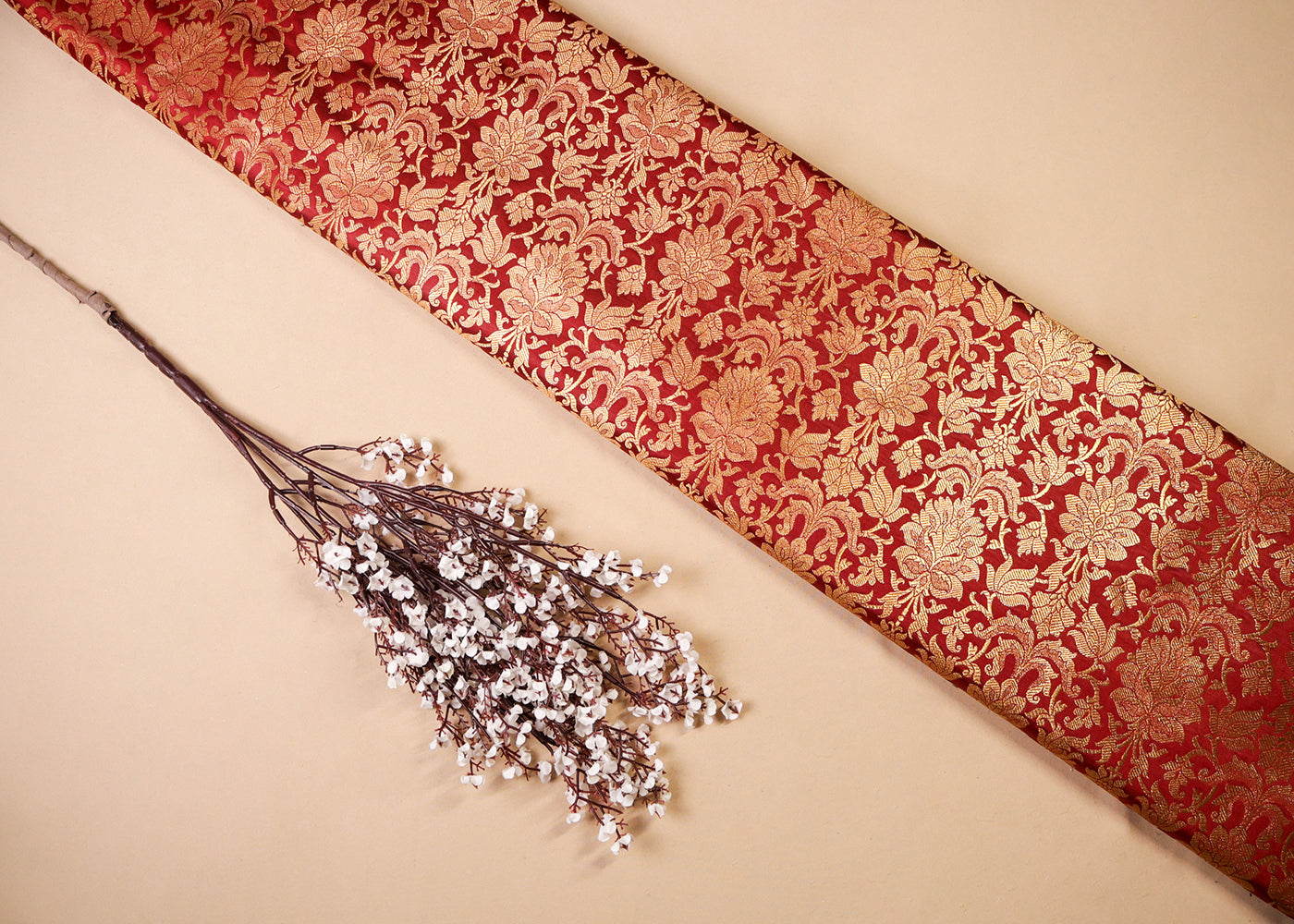 Maroon Banarasi Brocade Fabric With All Over Golden Zari Handloom  16981