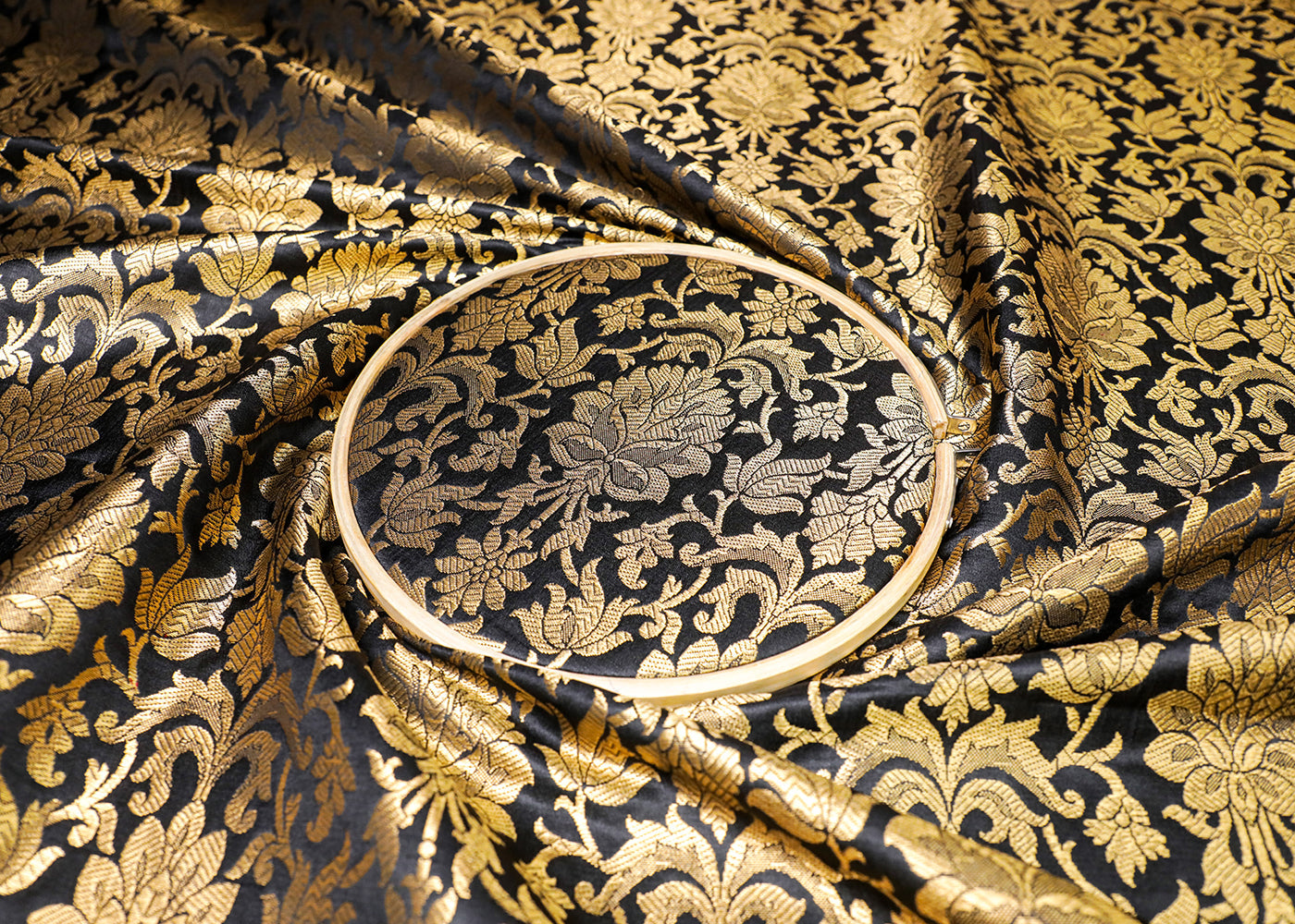 Black Banarasi Brocade Fabric With All Over Golden Zari Handloom  16982