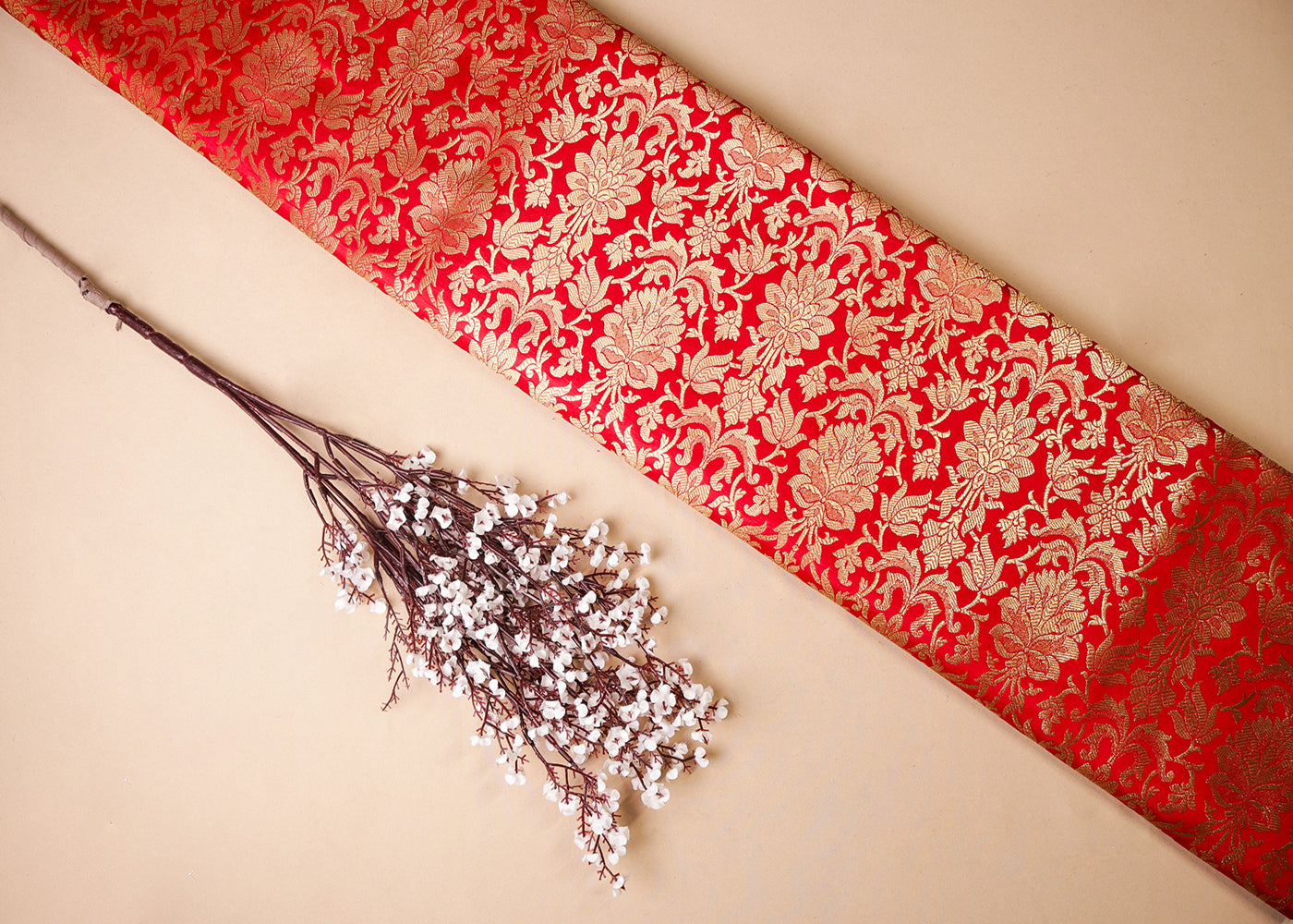 Red Banarasi Brocade Fabric With All Over Golden Zari Handloom  16983