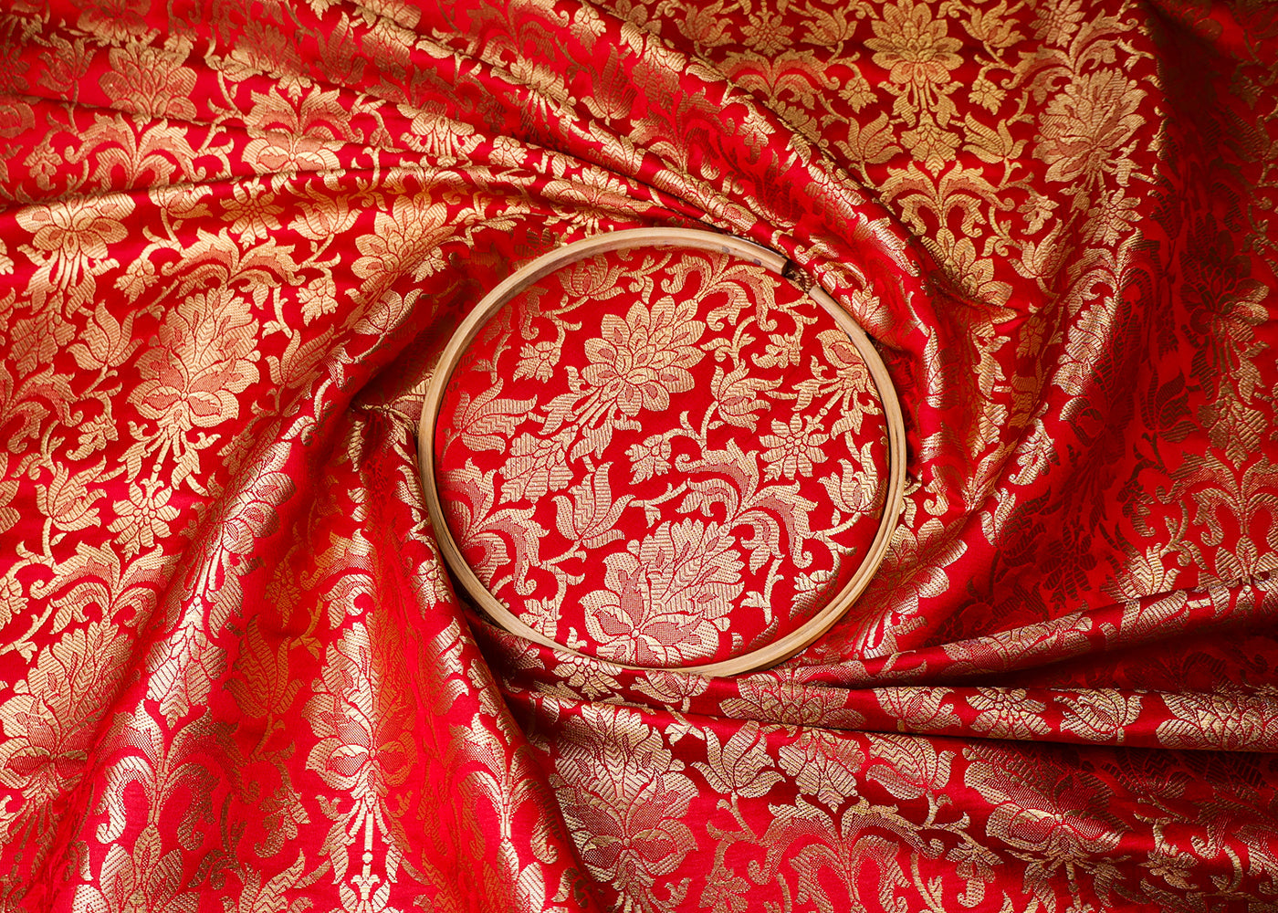 Red Banarasi Brocade Fabric With All Over Golden Zari Handloom  16983