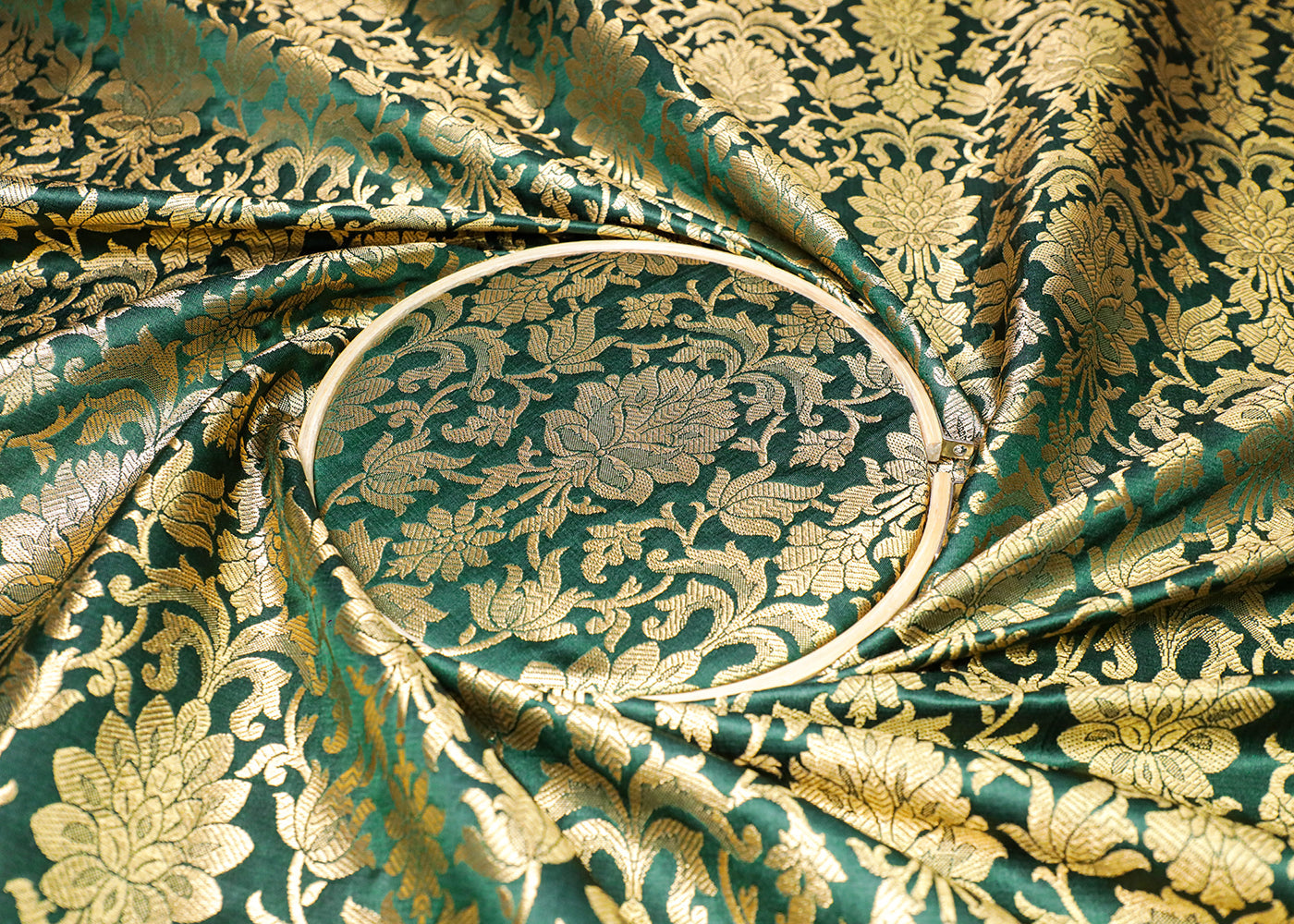 Bottle Green Banarasi Brocade Fabric With All Over Golden Zari Handloom  16984
