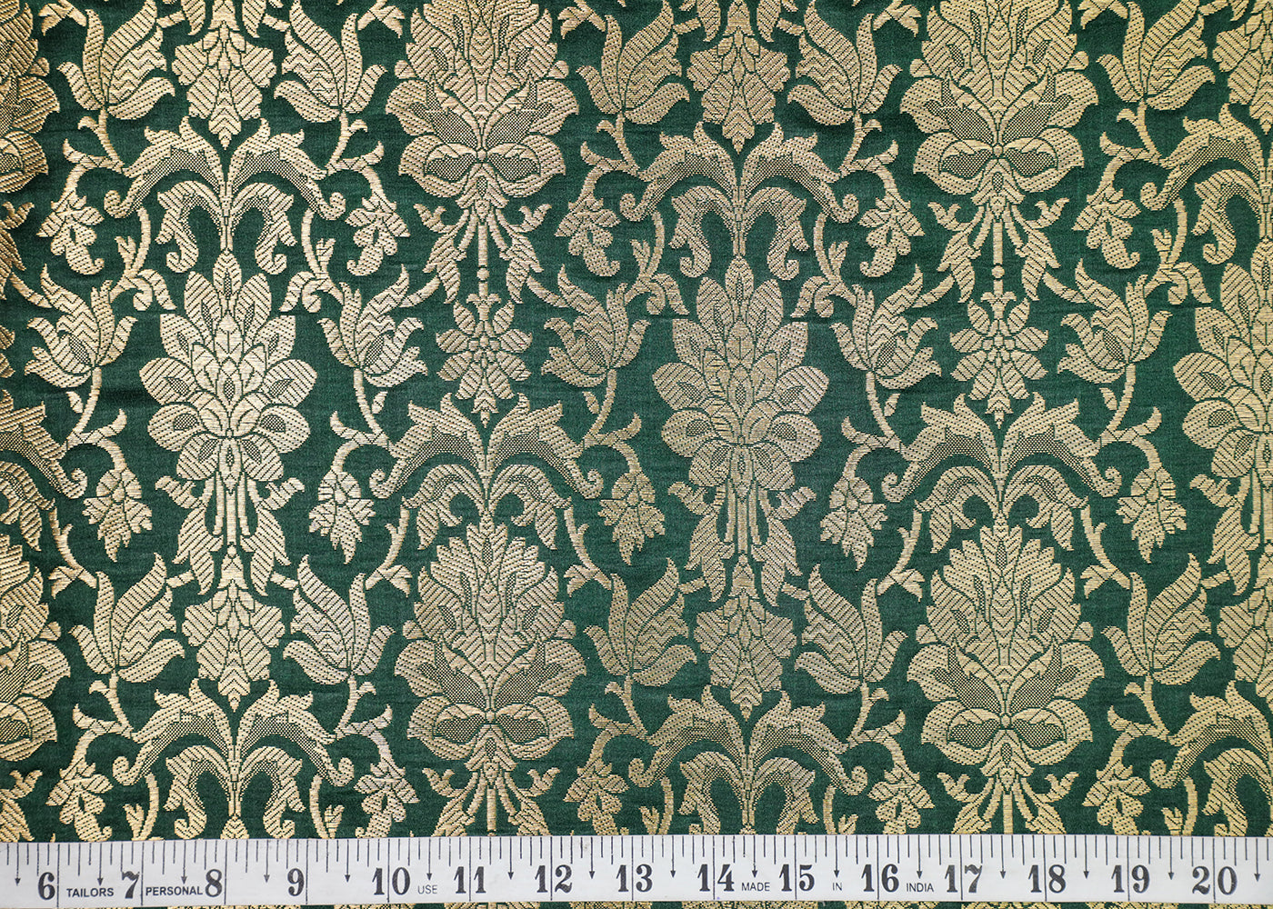 Bottle Green Banarasi Brocade Fabric With All Over Golden Zari Handloom  16984