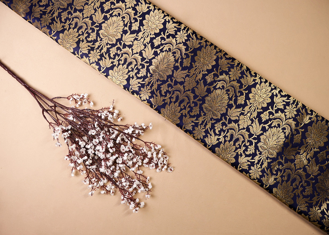 Navy Blue Banarasi Brocade Fabric With All Over Golden Zari Handloom  16985