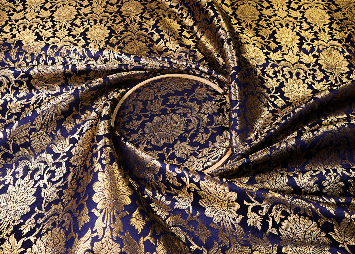 Navy Blue Banarasi Brocade Fabric With All Over Golden Zari Handloom  16985