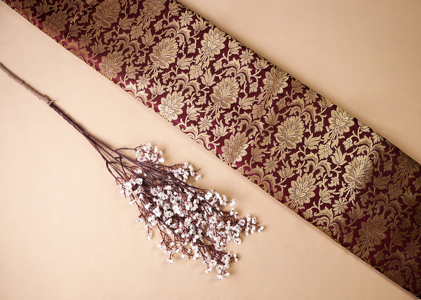 Wine Banarasi Brocade Fabric With All Over Golden Zari Handloom  16986