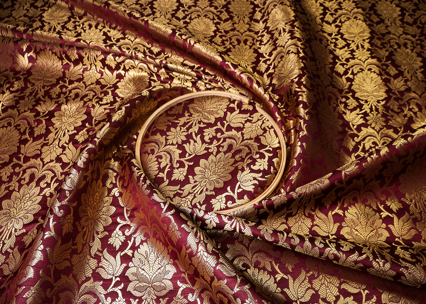 Wine Banarasi Brocade Fabric With All Over Golden Zari Handloom  16986