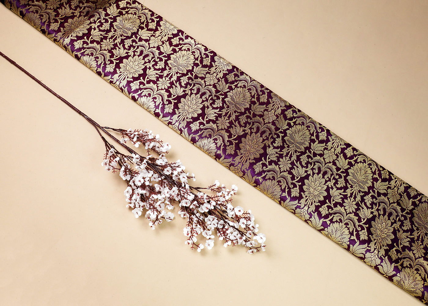Purple Banarasi Brocade Fabric With All Over Golden Zari Handloom  16987