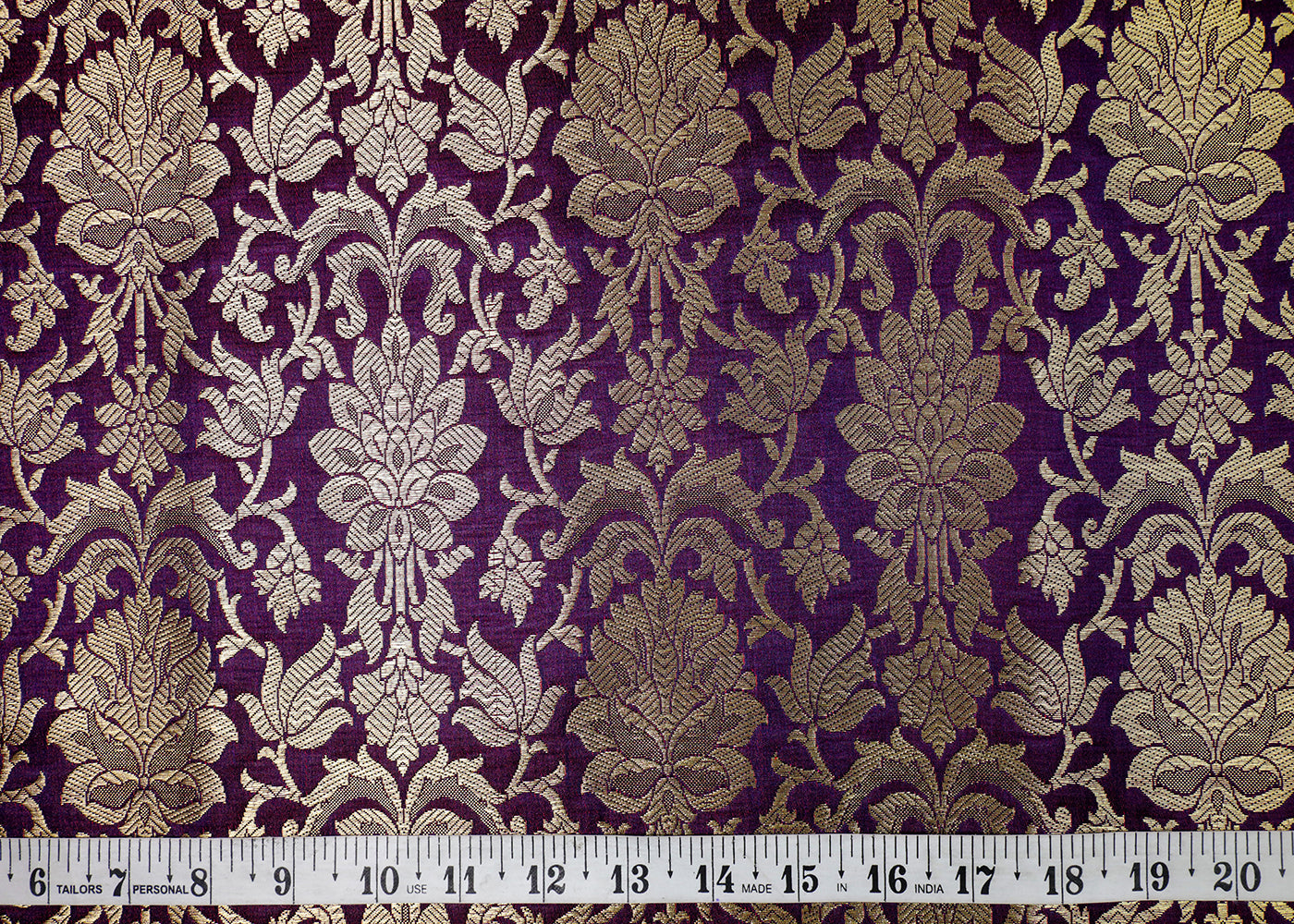 Purple Banarasi Brocade Fabric With All Over Golden Zari Handloom  16987