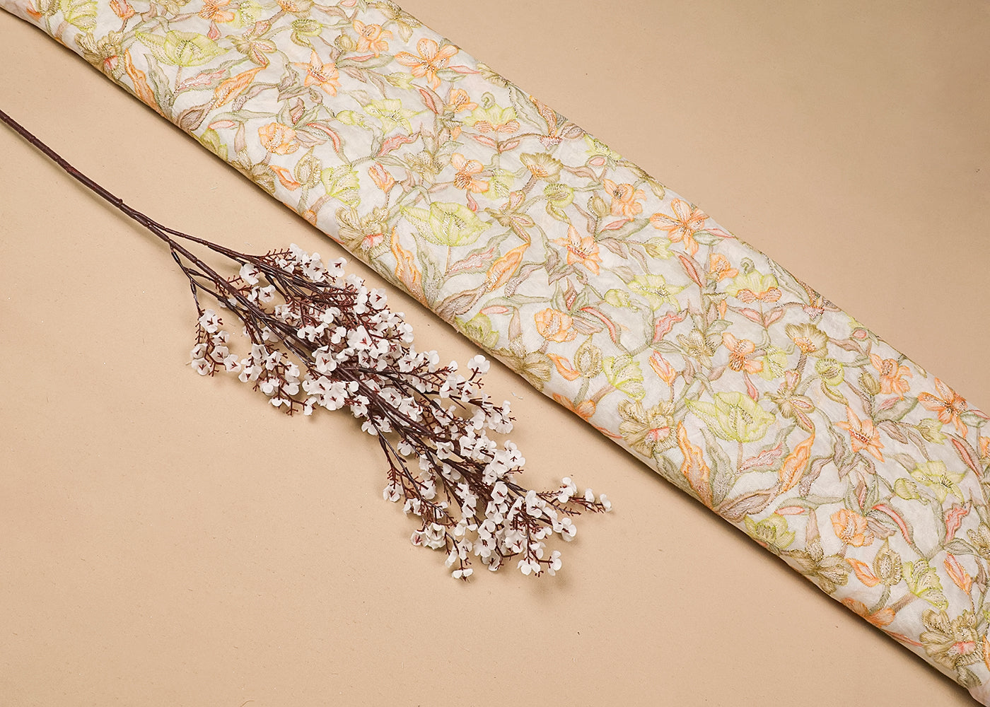 White Organza Fabric With All Over Multi-Colour Thread And Zari Work 16995