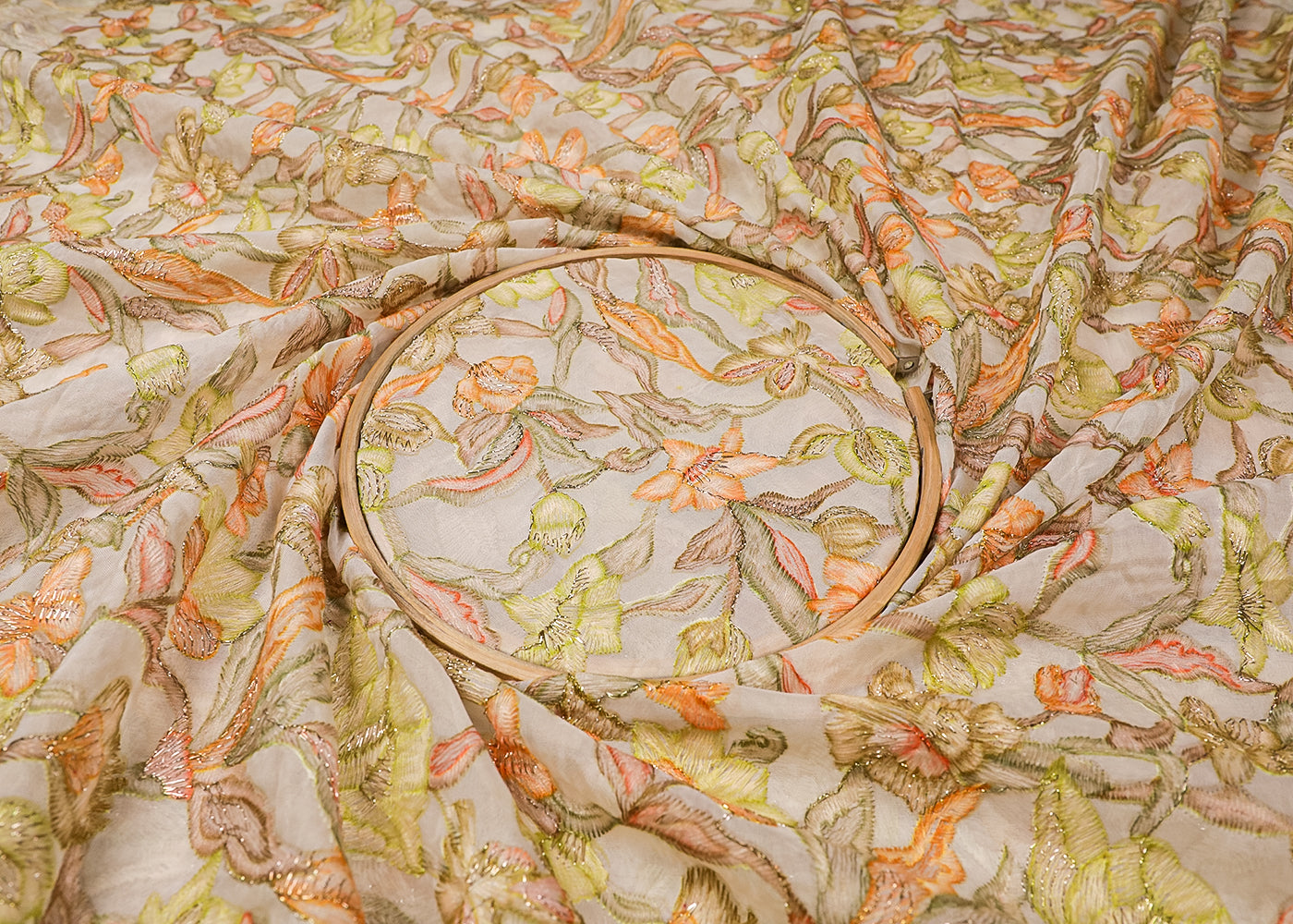 White Organza Fabric With All Over Multi-Colour Thread And Zari Work 16995
