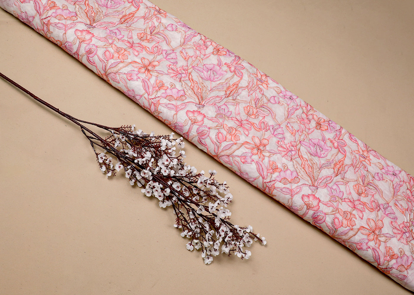 White Organza Fabric With All Over Multi-Colour Thread And Zari Work 16996