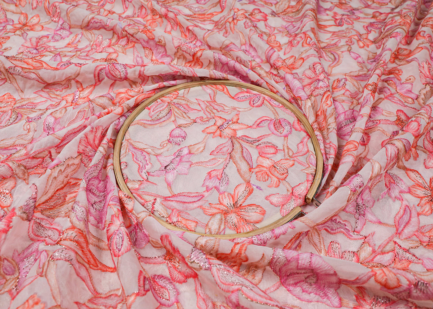 White Organza Fabric With All Over Multi-Colour Thread And Zari Work 16996