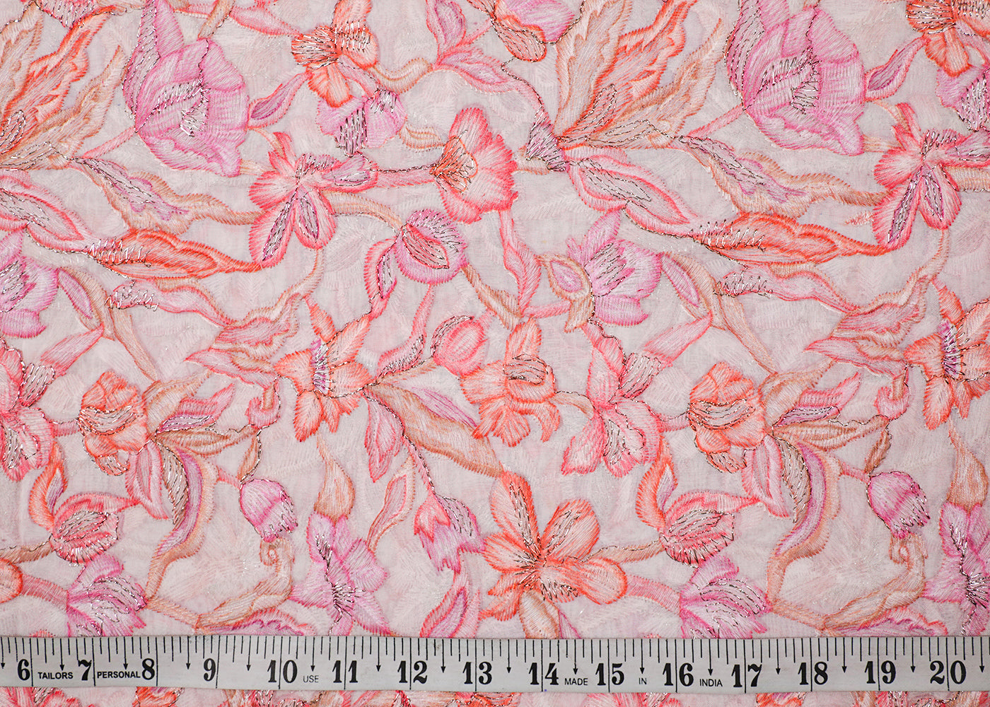 White Organza Fabric With All Over Multi-Colour Thread And Zari Work 16996