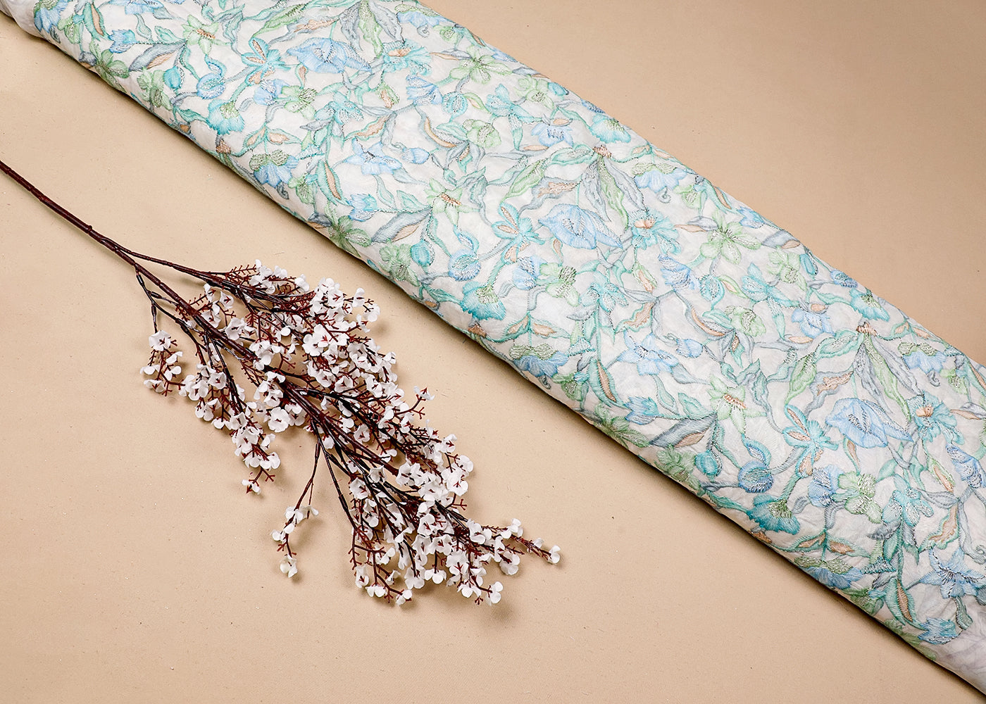White Organza Fabric With All Over Multi-Colour Thread And Zari Work 16997