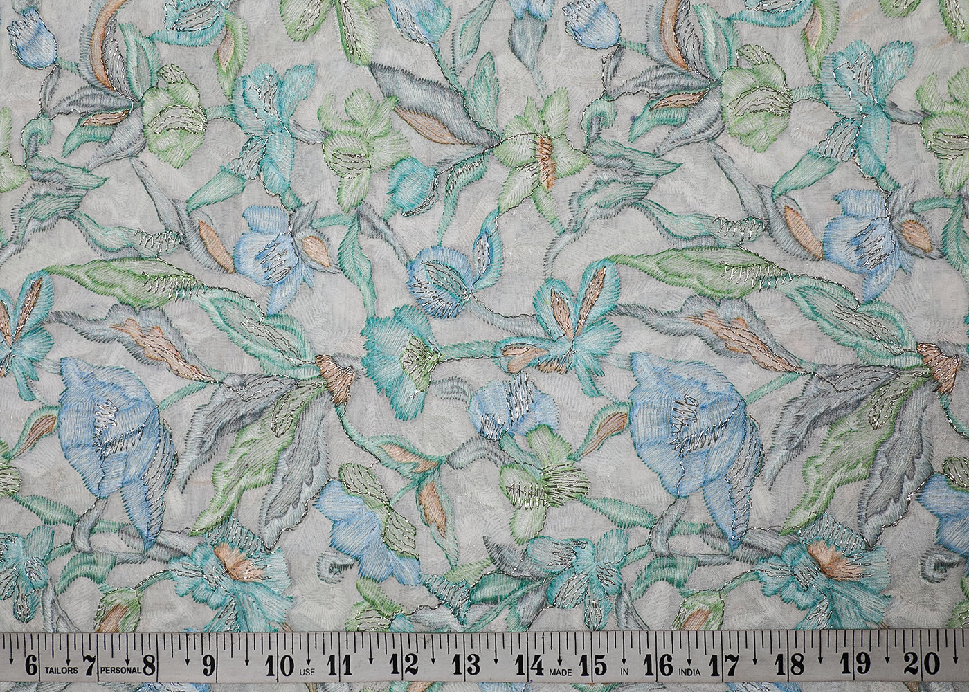White Organza Fabric With All Over Multi-Colour Thread And Zari Work 16997
