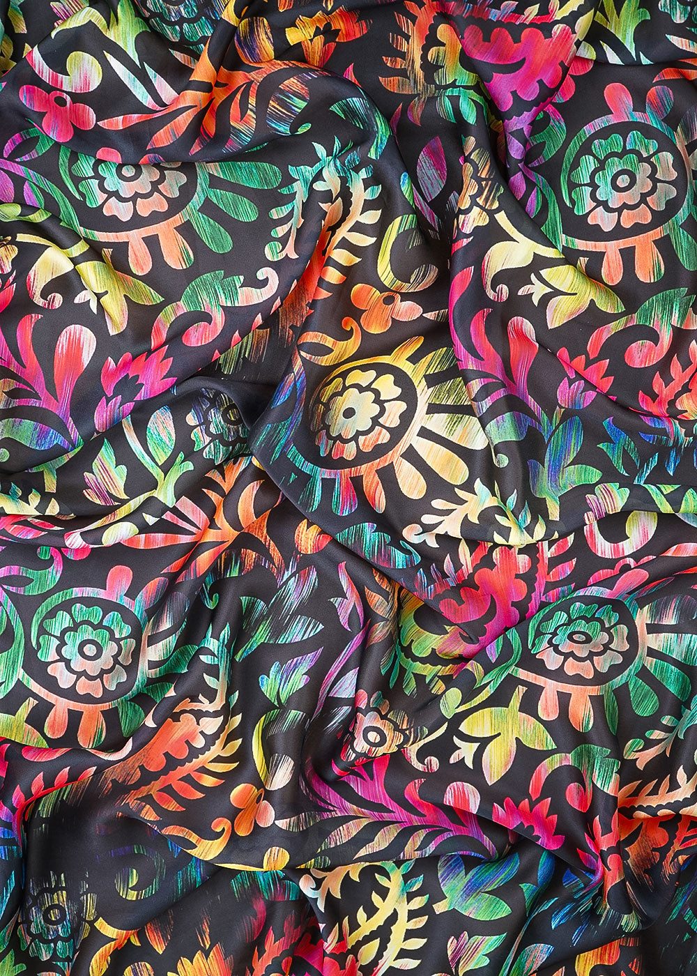 Black Georgette Satin Fabric With All Over Traditional Print 17027