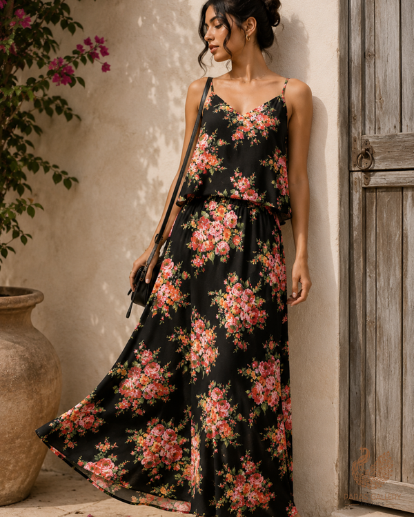 Black Georgette Satin Fabric with All Over Floral Print 17029