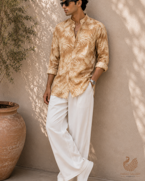 Beige Georgette Satin Fabric with All Over Abstract Print 17044