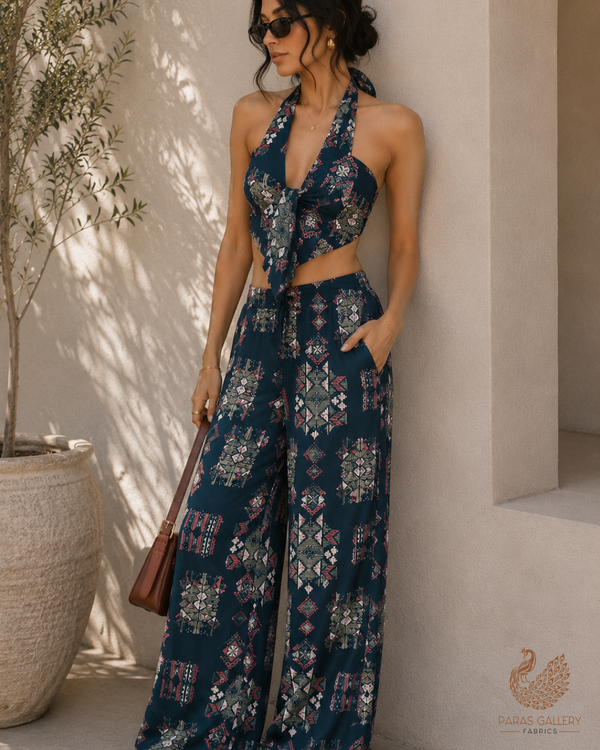 Peacock Blue Georgette Satin Fabric with All Over Geometric Print 17081