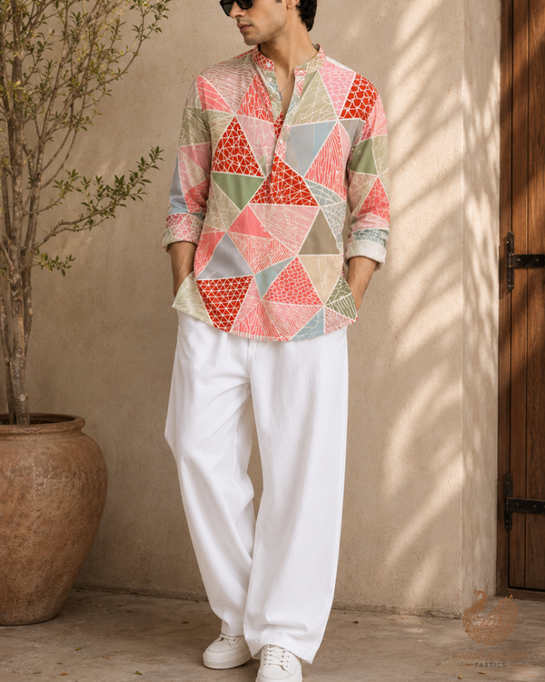 Multi Color Georgette Satin Fabric with All Over Geometric Print 17094