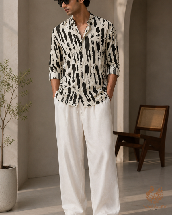 White Georgette Satin Fabric with All Over black Abstract Print 17101