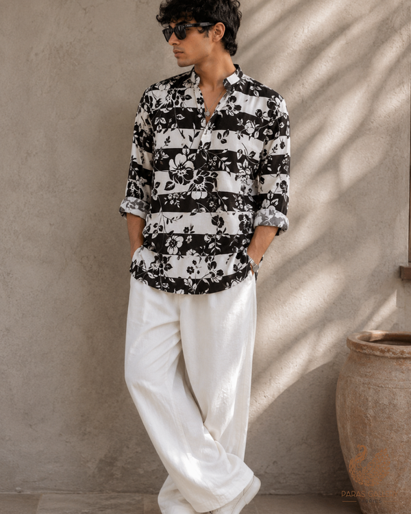 Black & White Georgette Satin Fabric with All Over Abstract Print 17103