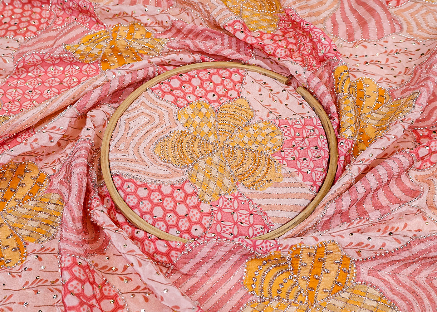 (Pre-Cut 2.4MTR) Crepe Printed Fabric with Allover Thread, Bead and Sequins Work 17566
