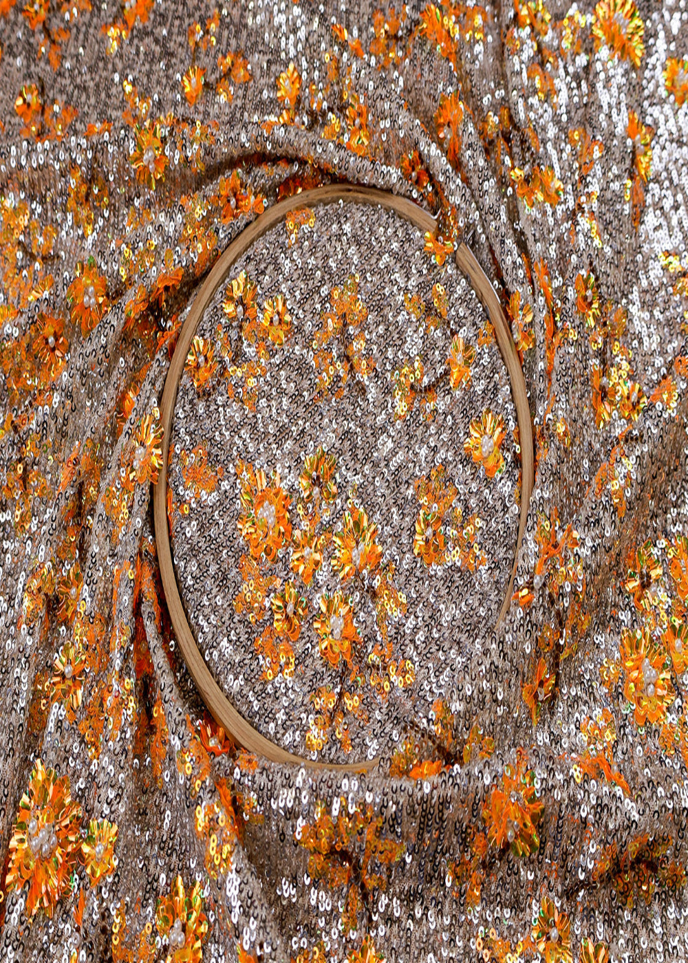 (Pre-Cut-1.4-MTR)-Silver-Lycra-Net-Fabric-With-All-Over-Sequins-Work-17602