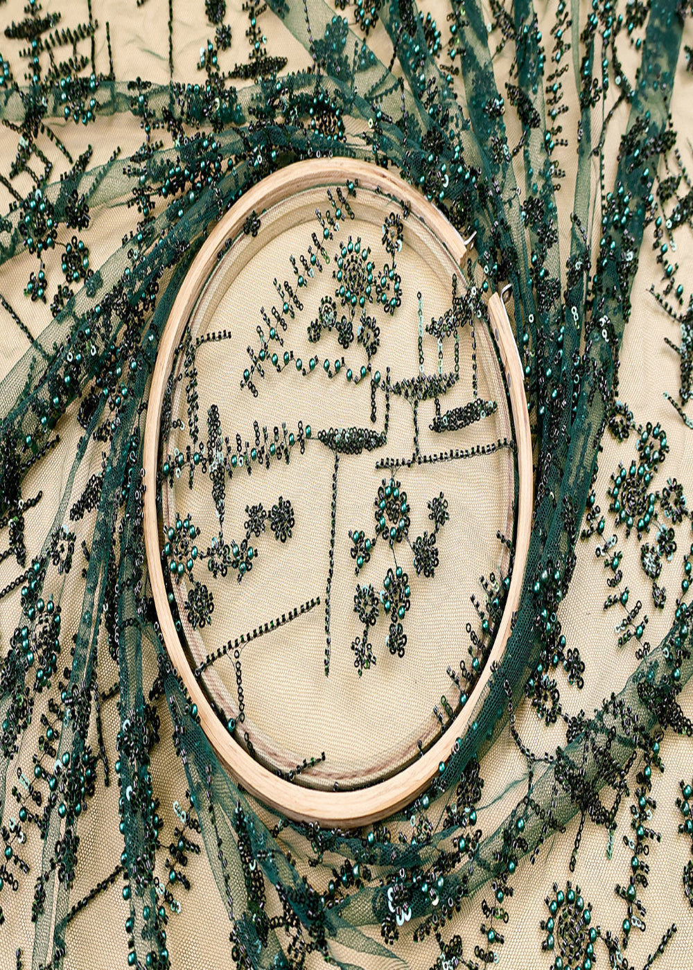 (Pre-Cut-1.9-MTR)-Bottle-Green-Imported-Net-Fabric-With-All-Over-Bead-And-Sequins-Work-17605
