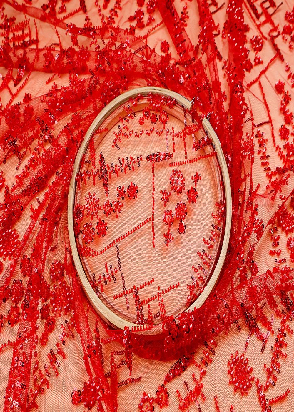 (Pre-Cut-2.15-MTR)-Red-Imported-Net-Fabric-With-All-Over-Bead-And-Sequins-Work-17606