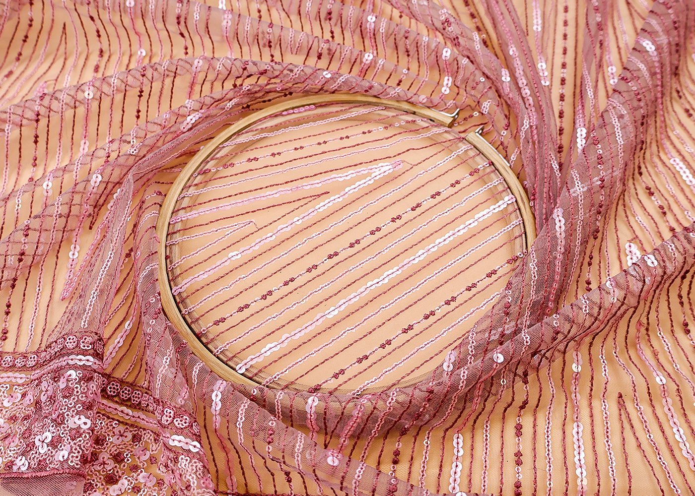 (Pre-Cut 3.2 MTR) Light Pink Imported Net Fabric With All Over Thread And Sequins Work 17617