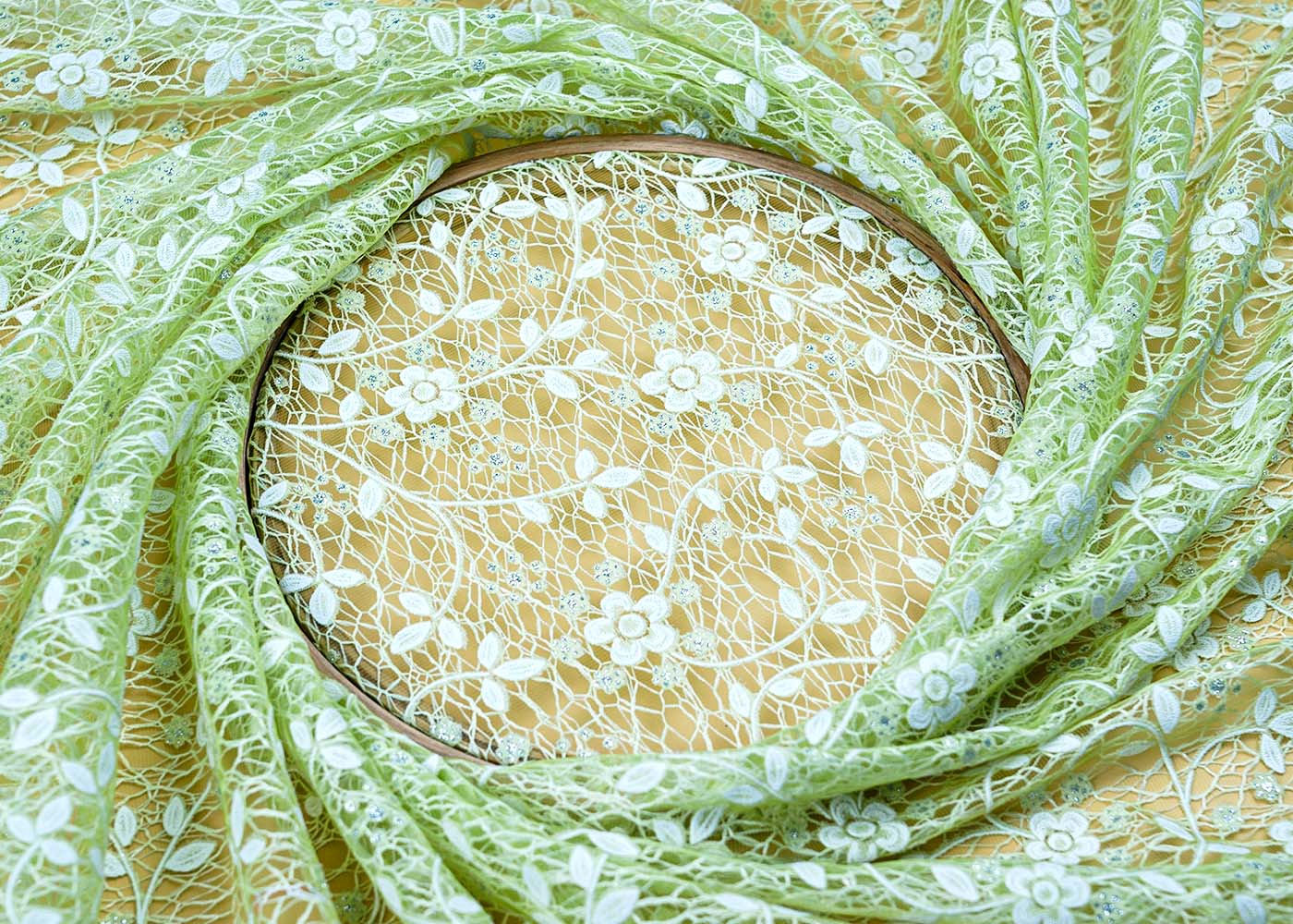 ( Pre-Cut 2 Mtr) Green Sandlin Lace Fabric With All Over Floral Pattern  17633