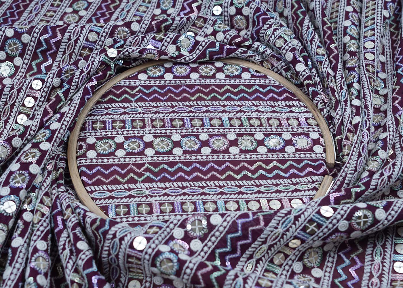 ( Pre-Cut 3.6 MTR) Wine Georgette Fabric With All Over Thread And Sequins Work 17634