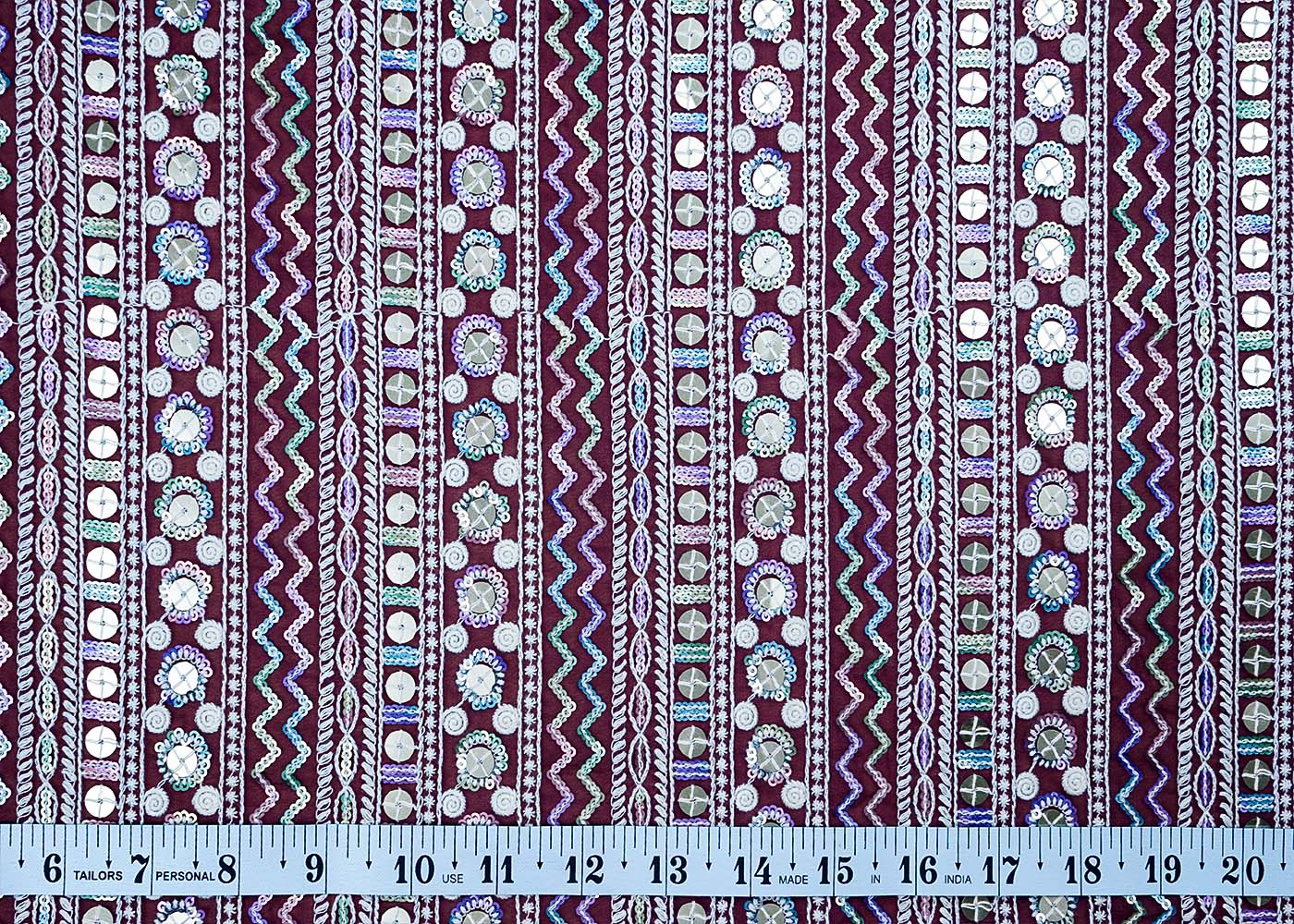 ( Pre-Cut 3.6 MTR) Wine Georgette Fabric With All Over Thread And Sequins Work 17634