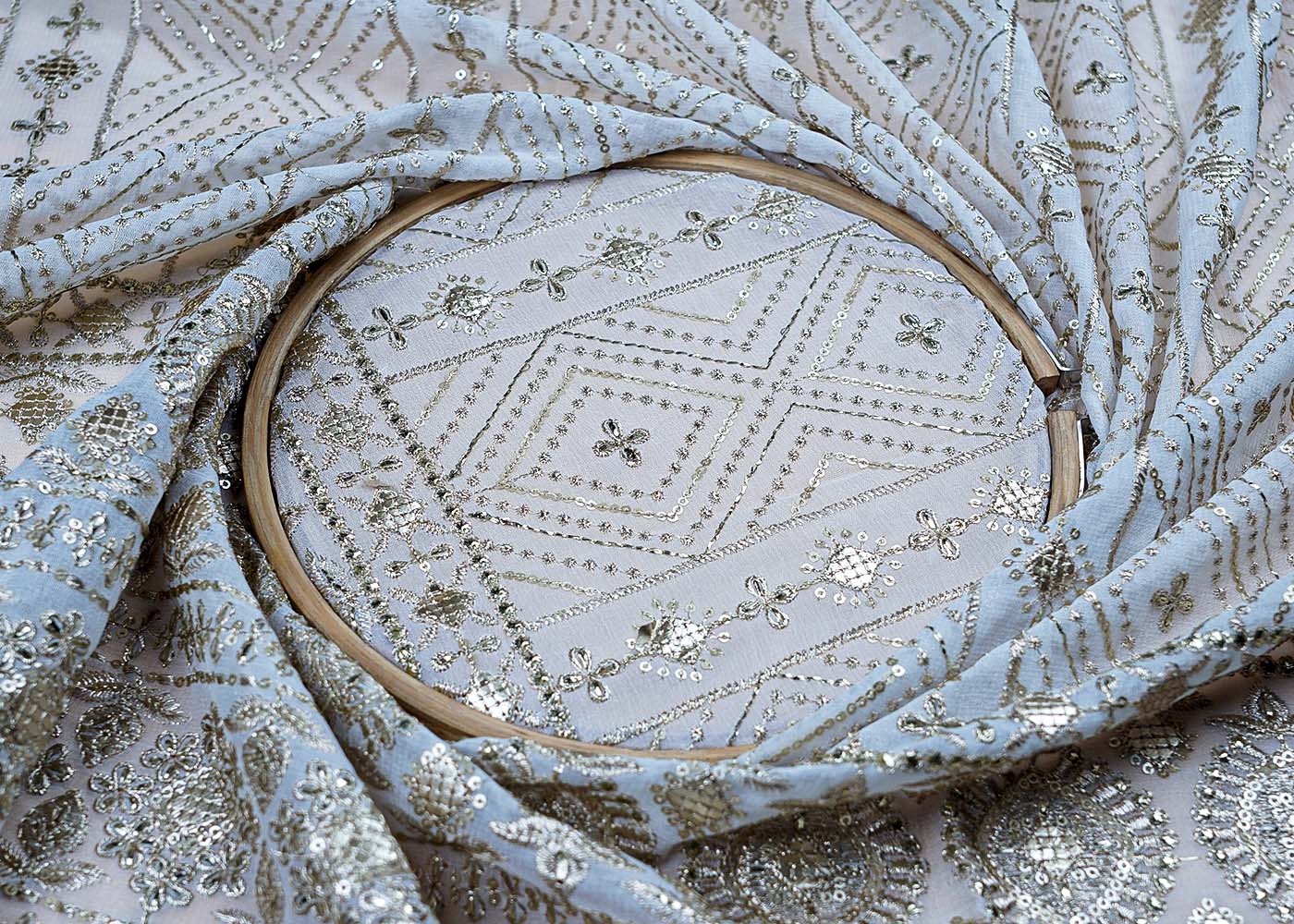 ( Pre-Cut 2.6 MTR) White Georgette Fabric With All Over Zari Sequins And Gota Patti Work With One Side Heavy Border 17636