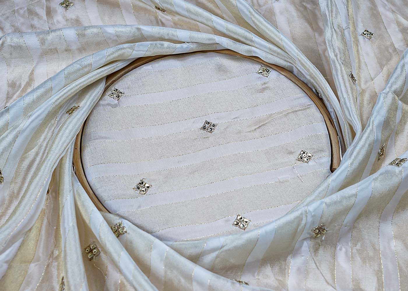 ( Pre-Cut 3 MTR) White Tissue Fabric With All Over Zai And Seqins Work 17641