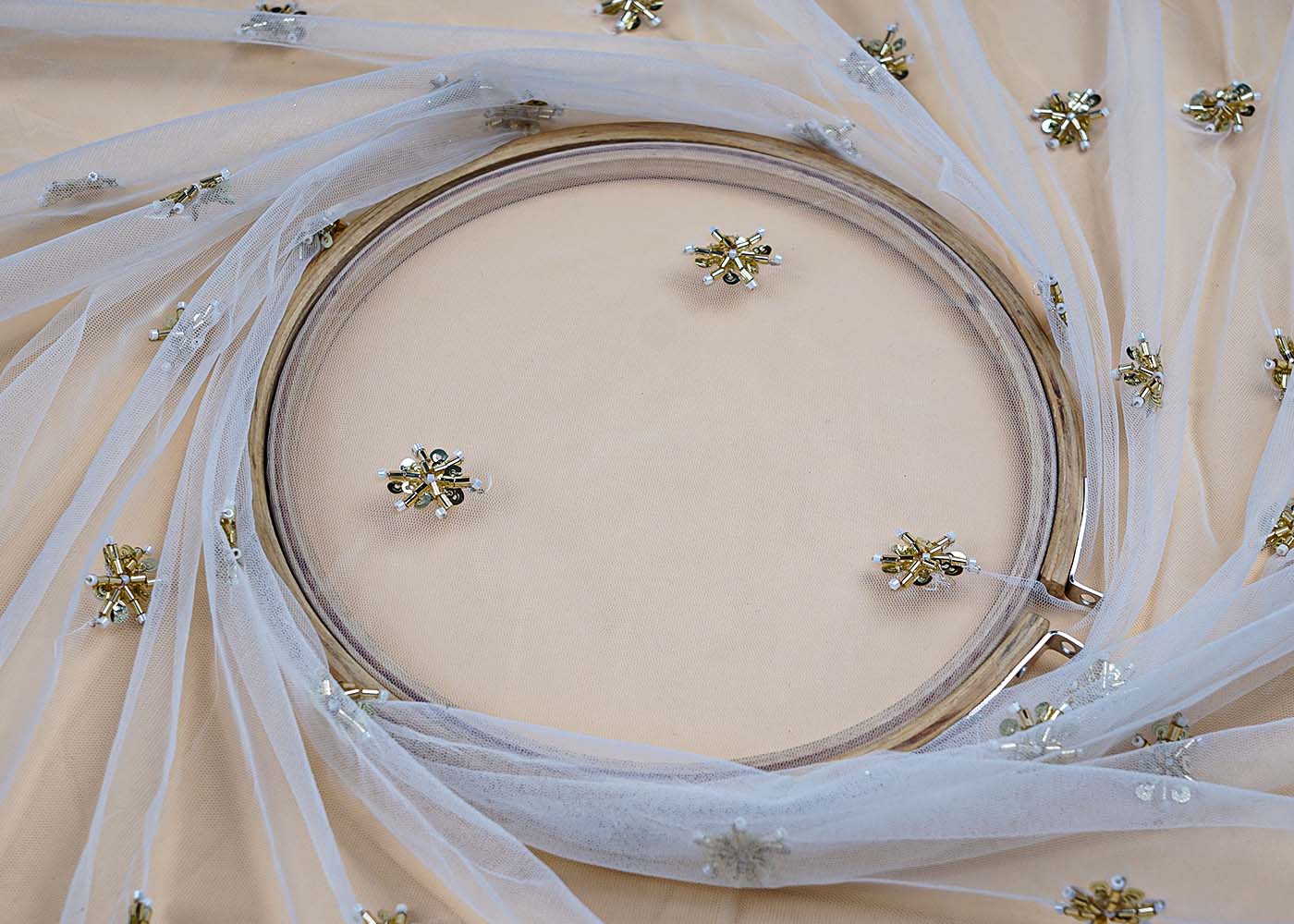 ( Pre-Cut 2 MTR) White Net Fabric With All Over Katdana And Sequins Buti Work 17642