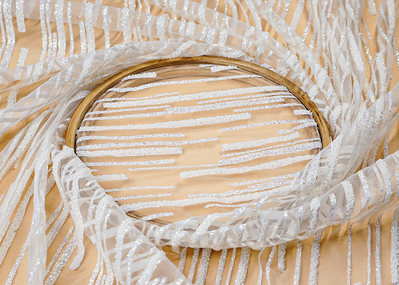 ( Pre-Cut 2 MTR) White Fabric With All Over Gliter Work With Scalloped Edges 17644