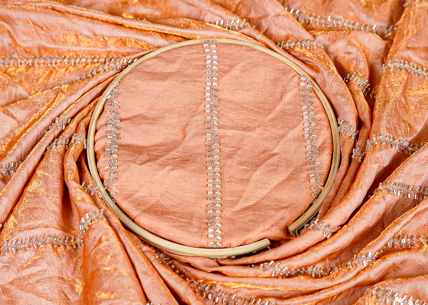 ( Pre-Cut 2.55 MTR) Peach Diamond Silk Fabric With All Over Sequins And Katdana Work 17647
