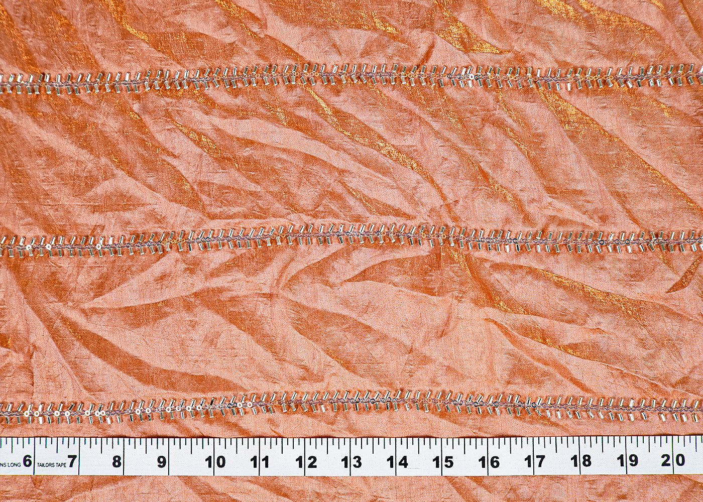 ( Pre-Cut 2.55 MTR) Peach Diamond Silk Fabric With All Over Sequins And Katdana Work 17647