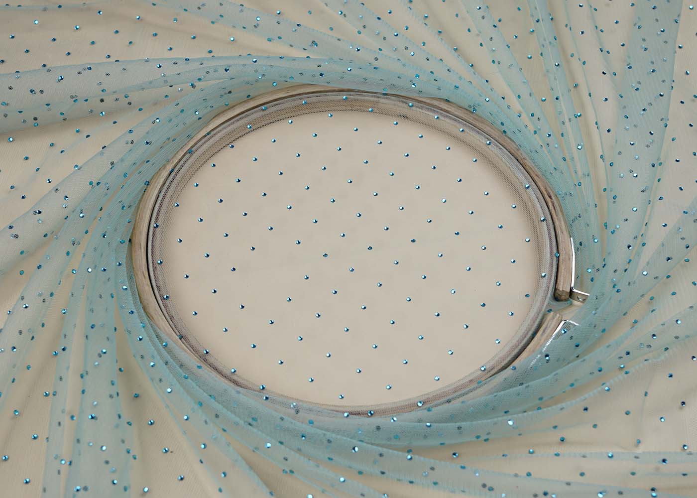 ( Pre-Cut 1) Sea Green Net Fabric With Allover Swaroskvi Work 17650