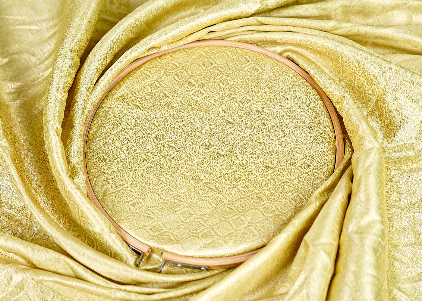 ( Pre-Cut 1 MTR) Pista Green Banarasi Brocade Fabric With All Over Golden Zari Handloom 17651