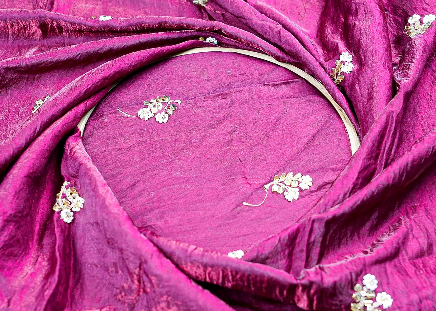 ( Pre-Cut 2) Wine Diamond Silk Fabric With Allover Buti Of Sequins Kutdana, Bead Work 17656